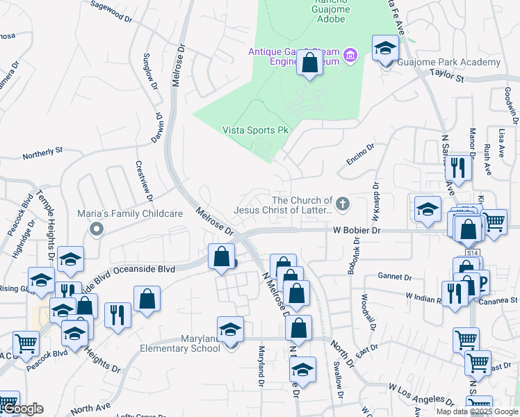 map of restaurants, bars, coffee shops, grocery stores, and more near 1743 Valley Oak Way in Oceanside