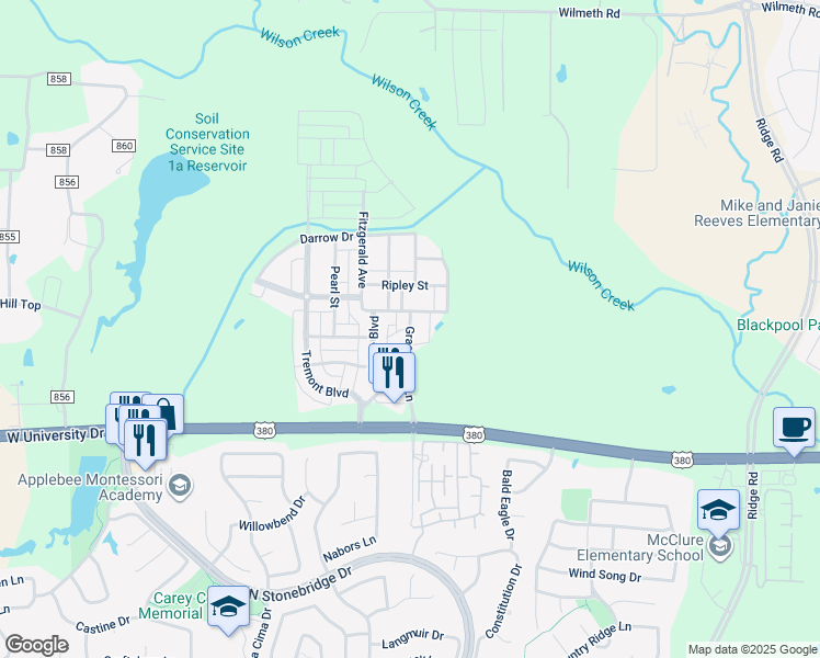 map of restaurants, bars, coffee shops, grocery stores, and more near 1807 Grassmere Lane in McKinney