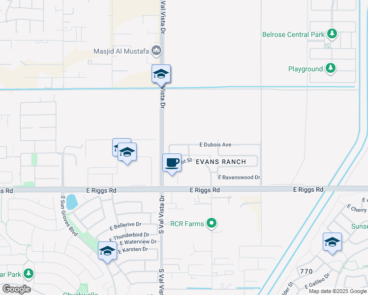 map of restaurants, bars, coffee shops, grocery stores, and more near 1691 East Dubois Avenue in Gilbert