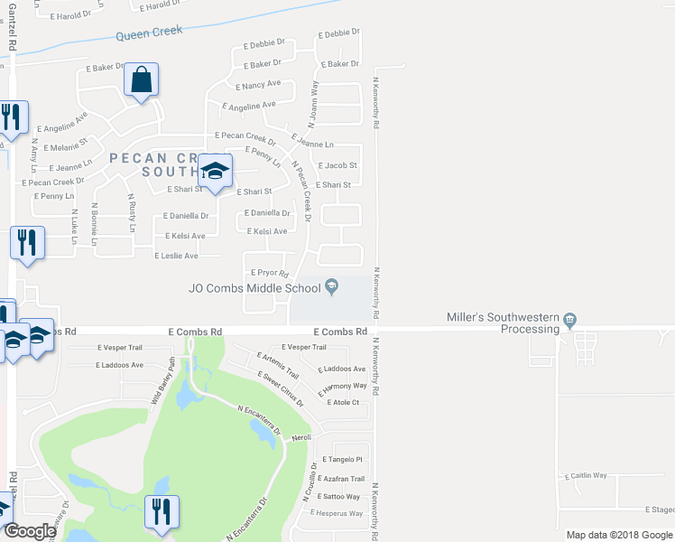 map of restaurants, bars, coffee shops, grocery stores, and more near 1677 East Leslie Avenue in Queen Creek