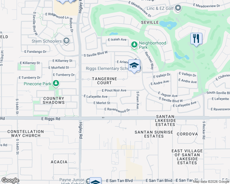 map of restaurants, bars, coffee shops, grocery stores, and more near 3427 East Pinot Noir Avenue in Gilbert