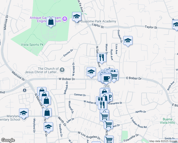 map of restaurants, bars, coffee shops, grocery stores, and more near 245 West Bobier Drive in Vista