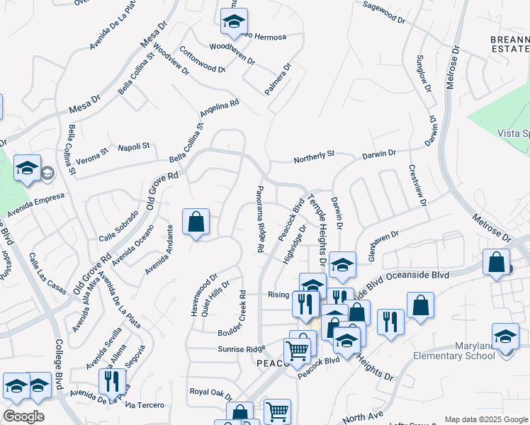 map of restaurants, bars, coffee shops, grocery stores, and more near 1398 Panorama Ridge Road in Oceanside