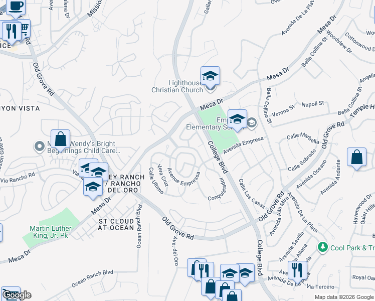 map of restaurants, bars, coffee shops, grocery stores, and more near 1328 Enchante Way in Oceanside