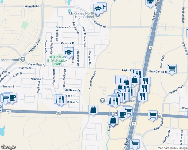 map of restaurants, bars, coffee shops, grocery stores, and more near 2072-2098 Community Ave in McKinney