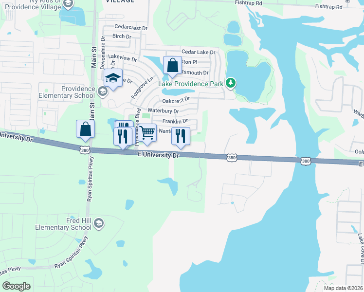map of restaurants, bars, coffee shops, grocery stores, and more near 26631 U.S. 380 in Providence Village
