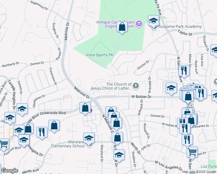 map of restaurants, bars, coffee shops, grocery stores, and more near 1856 Red Willow Way in Oceanside