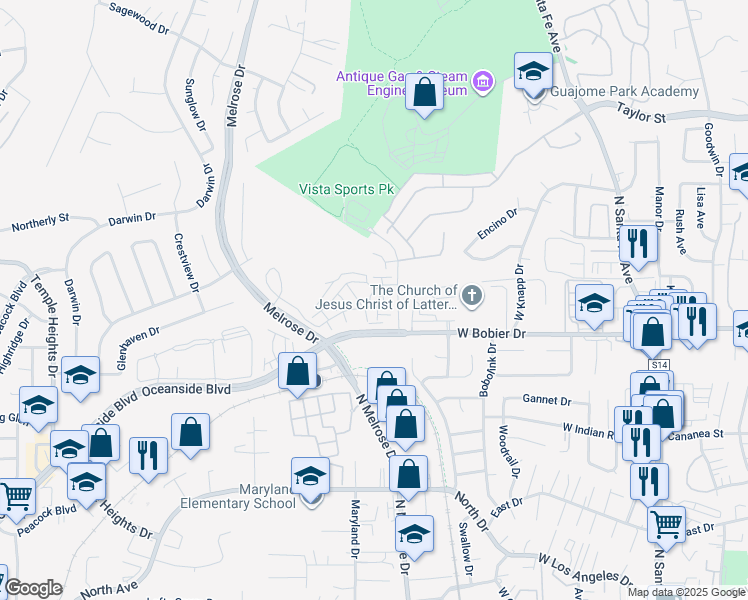 map of restaurants, bars, coffee shops, grocery stores, and more near 1869 Red Willow Way in Oceanside