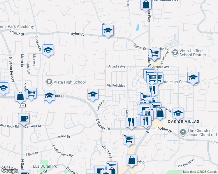 map of restaurants, bars, coffee shops, grocery stores, and more near 1575-1585 Anza Avenue in Vista