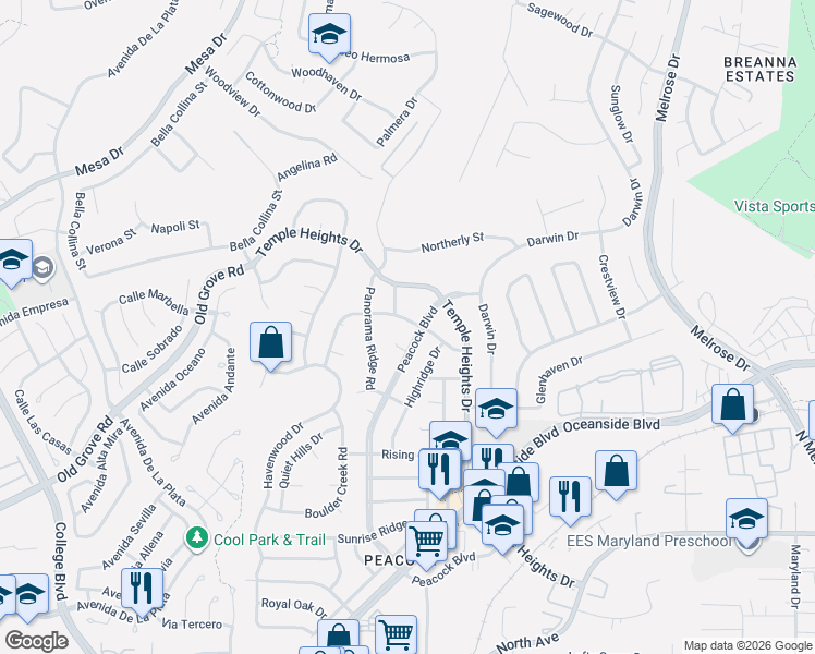 map of restaurants, bars, coffee shops, grocery stores, and more near 1411 Peacock Boulevard in Oceanside