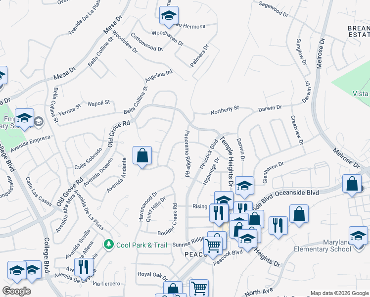 map of restaurants, bars, coffee shops, grocery stores, and more near 1406 Panorama Ridge Road in Oceanside