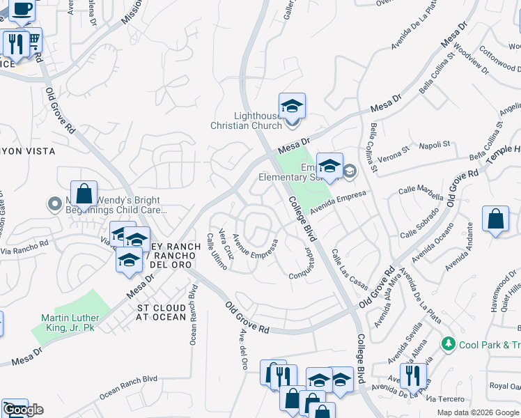 map of restaurants, bars, coffee shops, grocery stores, and more near 1328 Enchante Way in Oceanside