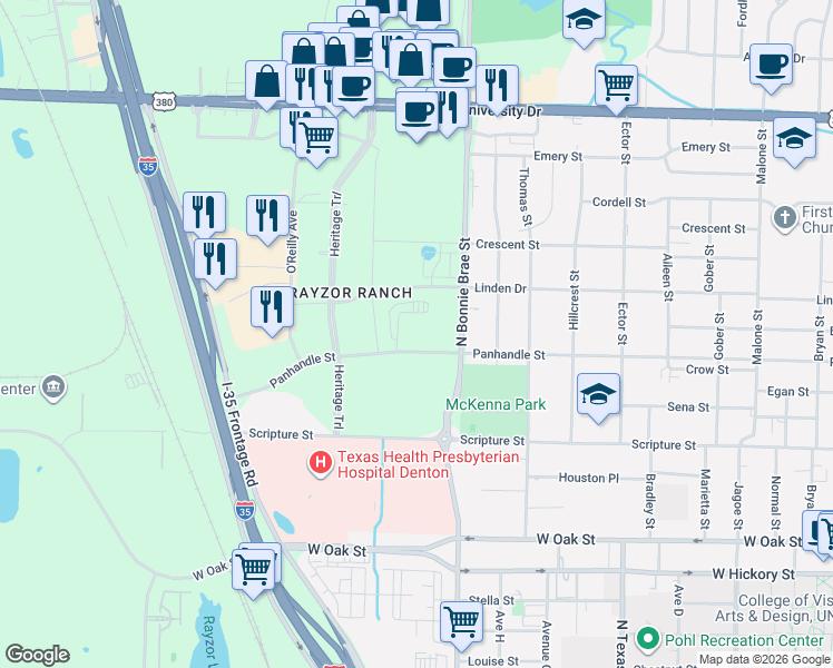 map of restaurants, bars, coffee shops, grocery stores, and more near 801-999 North Bonnie Brae Street in Denton