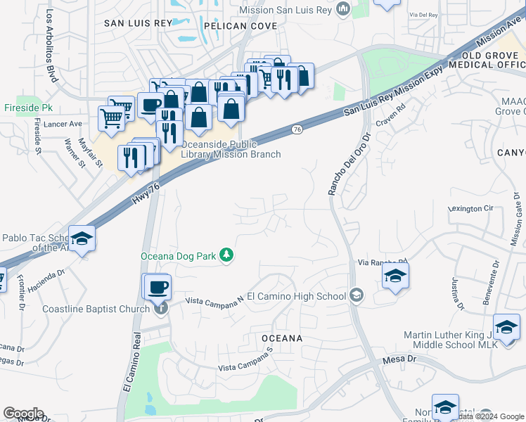 map of restaurants, bars, coffee shops, grocery stores, and more near 3788 San Ramon Drive in Oceanside