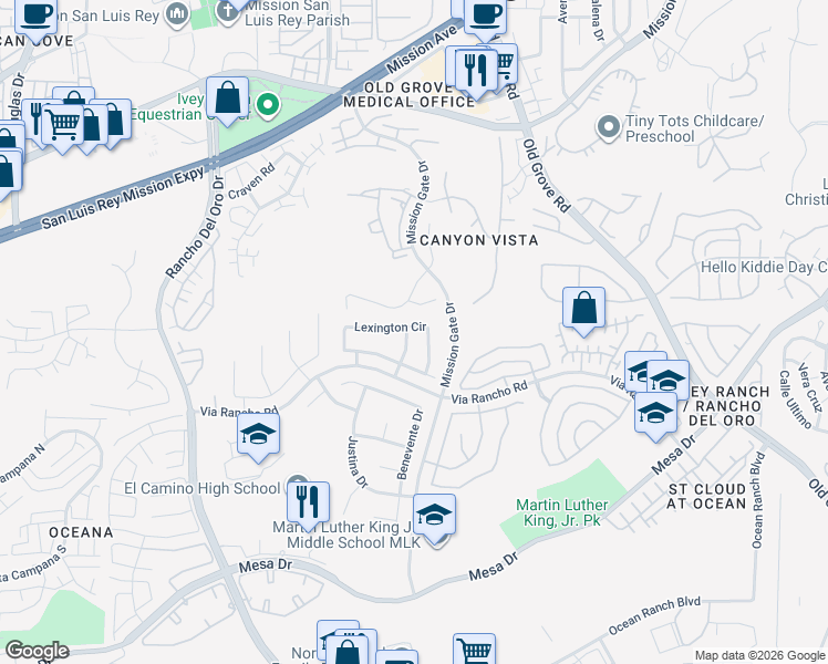 map of restaurants, bars, coffee shops, grocery stores, and more near 308 Arlington Drive in Oceanside