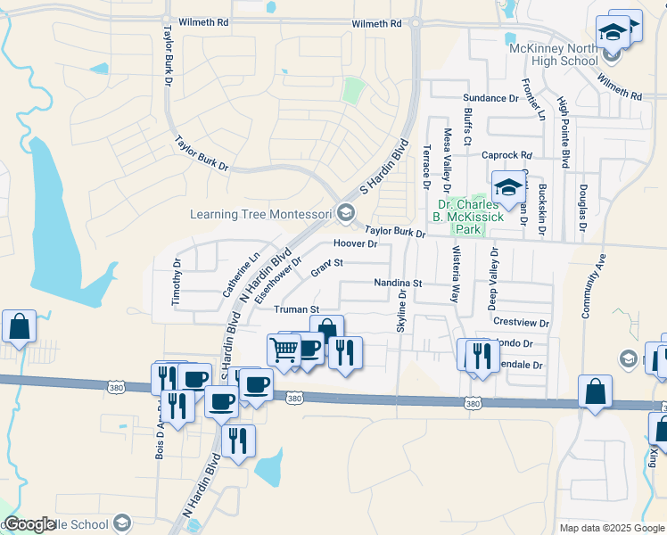 map of restaurants, bars, coffee shops, grocery stores, and more near 3224 Nandina Street in McKinney