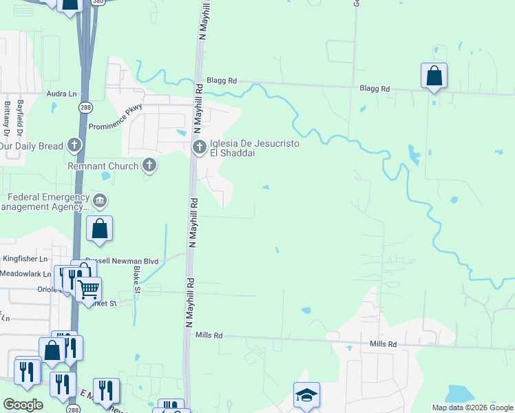 map of restaurants, bars, coffee shops, grocery stores, and more near 838 North Mayhill Road in Denton