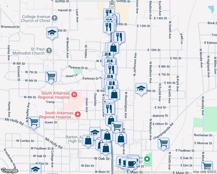 map of restaurants, bars, coffee shops, grocery stores, and more near 1114 North West Avenue in El Dorado