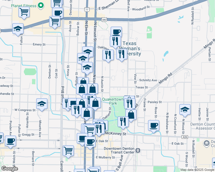 map of restaurants, bars, coffee shops, grocery stores, and more near 912 North Austin Street in Denton