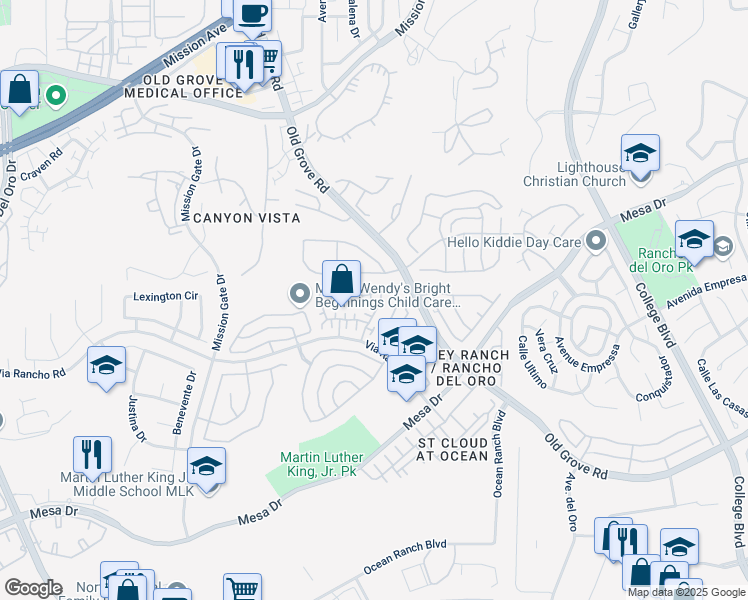 map of restaurants, bars, coffee shops, grocery stores, and more near 225 Belflora Way in Oceanside