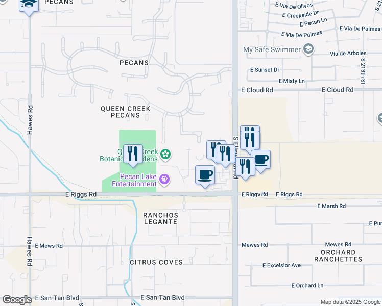 map of restaurants, bars, coffee shops, grocery stores, and more near 24888 South 206th Place in Queen Creek