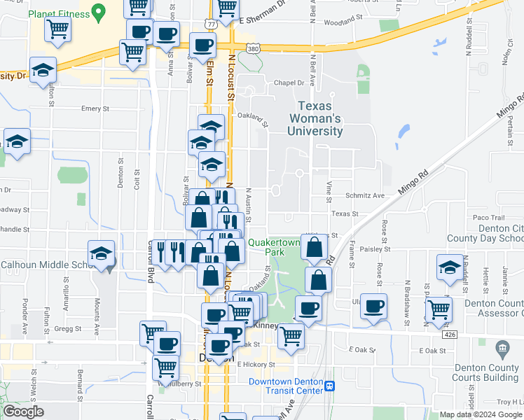 map of restaurants, bars, coffee shops, grocery stores, and more near 1001 Oakland Street in Denton