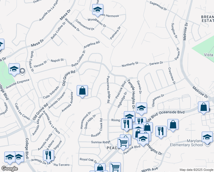 map of restaurants, bars, coffee shops, grocery stores, and more near 1406 Panorama Ridge Road in Oceanside