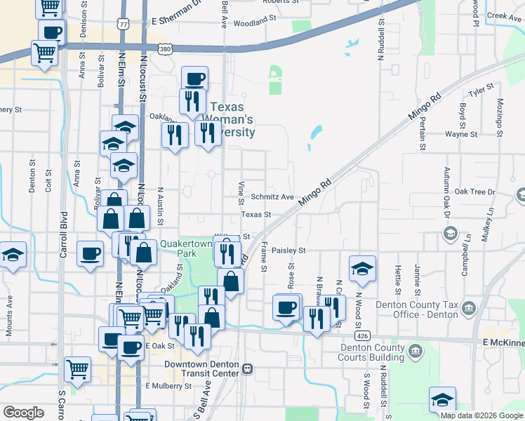 map of restaurants, bars, coffee shops, grocery stores, and more near 631 Texas Street in Denton