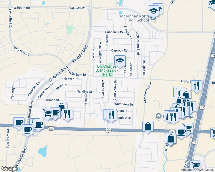 map of restaurants, bars, coffee shops, grocery stores, and more near 2207 Oleander Way in McKinney