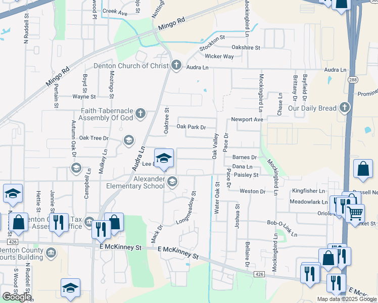 map of restaurants, bars, coffee shops, grocery stores, and more near 2413 Spring Meadows Drive in Denton