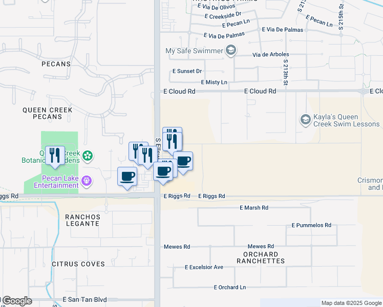 map of restaurants, bars, coffee shops, grocery stores, and more near 24829 South Ellsworth Road in Queen Creek