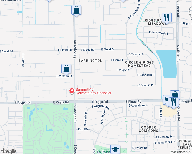 map of restaurants, bars, coffee shops, grocery stores, and more near 2191 East Aquarius Place in Chandler