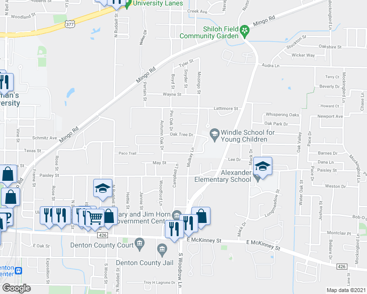 map of restaurants, bars, coffee shops, grocery stores, and more near 1704 White Oak Court in Denton
