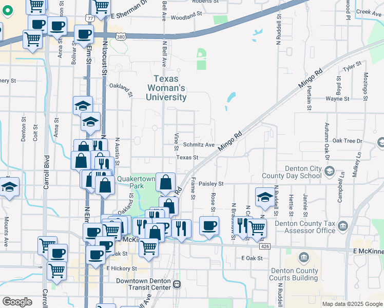 map of restaurants, bars, coffee shops, grocery stores, and more near 630 Texas Street in Denton