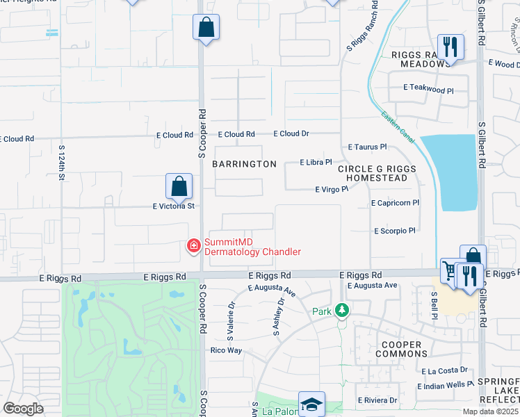 map of restaurants, bars, coffee shops, grocery stores, and more near 2170 East Aquarius Place in Chandler