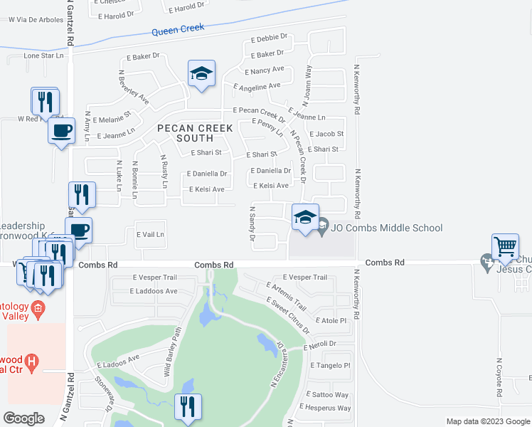 map of restaurants, bars, coffee shops, grocery stores, and more near 1340 East pryor Road in Queen Creek