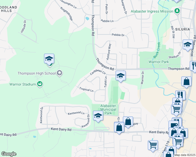 map of restaurants, bars, coffee shops, grocery stores, and more near 2561 Tahiti Terrace in Alabaster