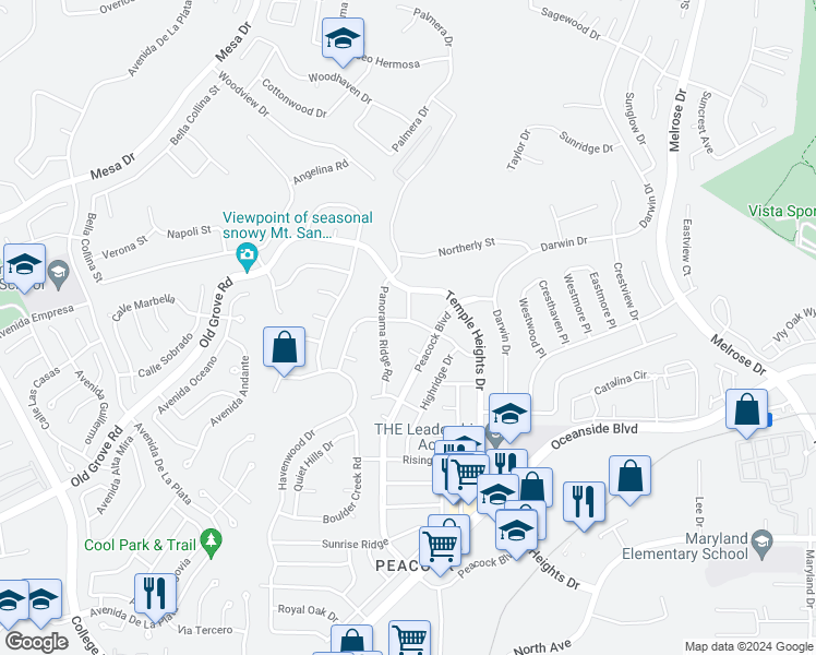 map of restaurants, bars, coffee shops, grocery stores, and more near 4703 Mystik Road in Oceanside