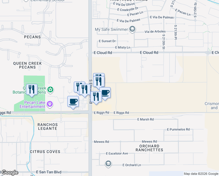 map of restaurants, bars, coffee shops, grocery stores, and more near 24829 South Ellsworth Road in Queen Creek