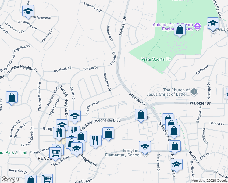 map of restaurants, bars, coffee shops, grocery stores, and more near 4907 Glenhaven Drive in Oceanside
