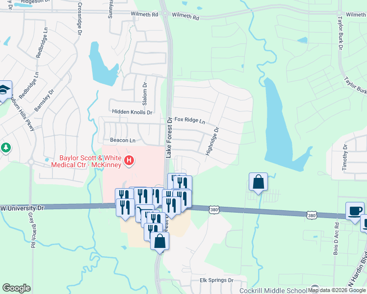 map of restaurants, bars, coffee shops, grocery stores, and more near 4901 Rustic Ridge Drive in McKinney