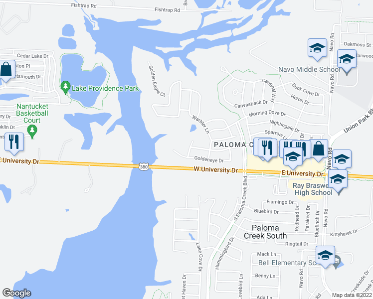 map of restaurants, bars, coffee shops, grocery stores, and more near 719 Blue Heron Lane in Aubrey