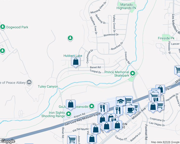 map of restaurants, bars, coffee shops, grocery stores, and more near 3239 Toopal Drive in Oceanside
