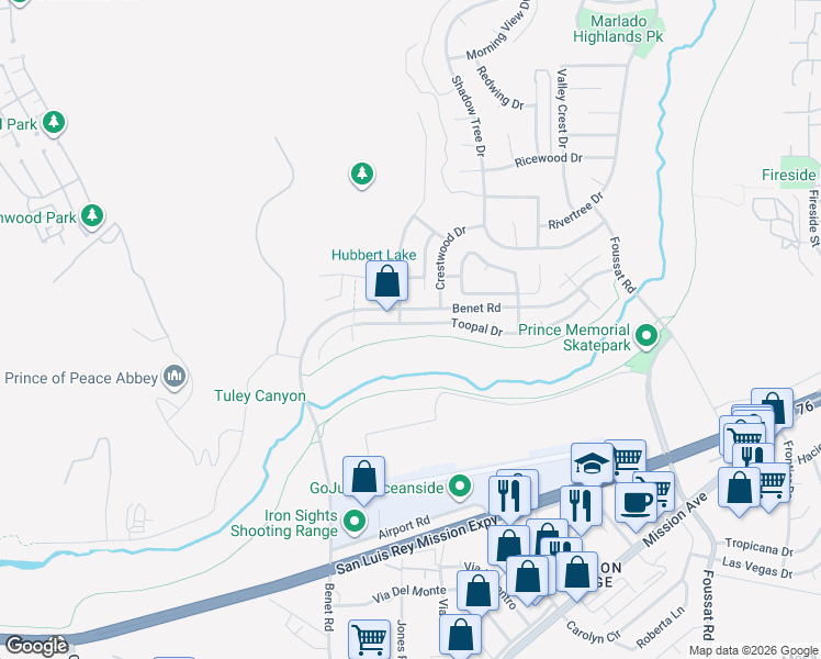 map of restaurants, bars, coffee shops, grocery stores, and more near 3207 Toopal Drive in Oceanside