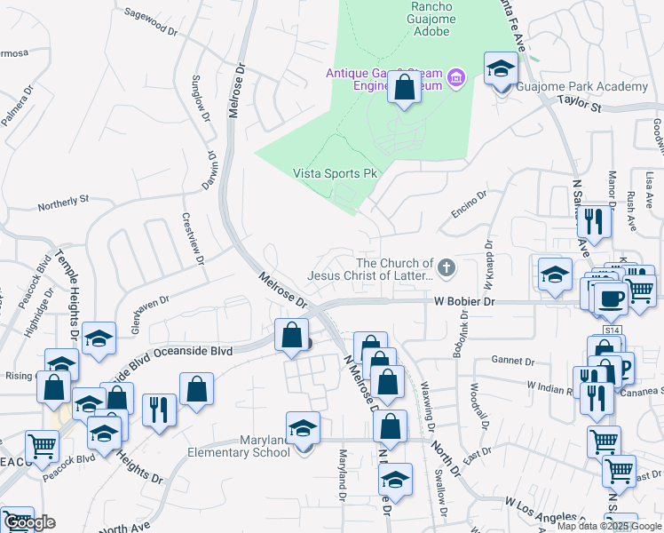 map of restaurants, bars, coffee shops, grocery stores, and more near 1716 Silverberry Way in Oceanside