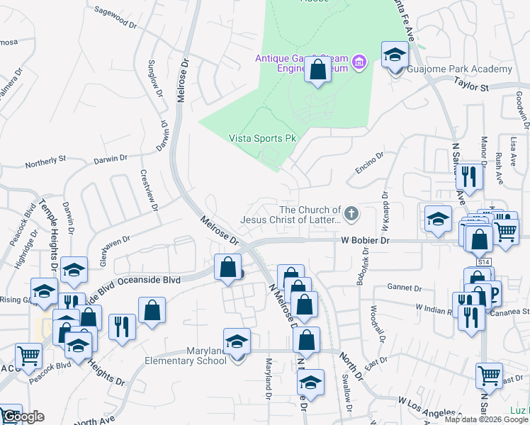 map of restaurants, bars, coffee shops, grocery stores, and more near 1728 Valley Oak Way in Oceanside