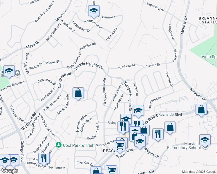 map of restaurants, bars, coffee shops, grocery stores, and more near 1406 Panorama Ridge Road in Oceanside
