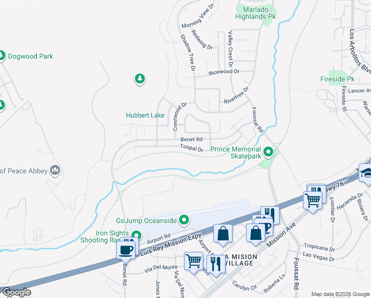 map of restaurants, bars, coffee shops, grocery stores, and more near 3239 Toopal Drive in Oceanside