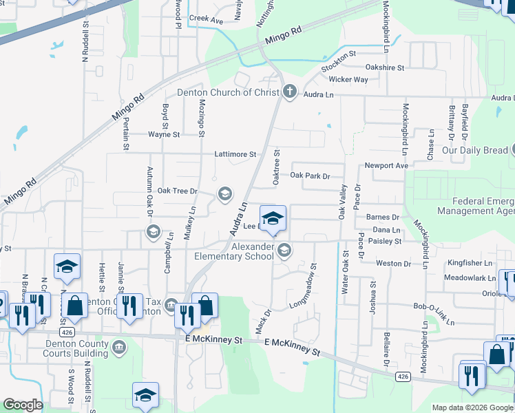 map of restaurants, bars, coffee shops, grocery stores, and more near 1007 Bull Run Street in Denton