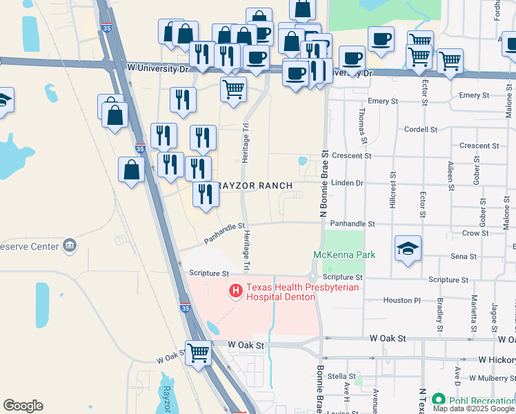 map of restaurants, bars, coffee shops, grocery stores, and more near 2620 Scripture Street in Denton